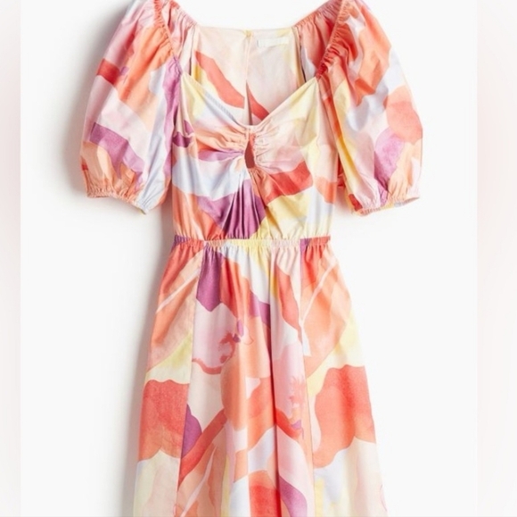 H&M Sweetheart Neckline Poplin Colorful Abstract Puff Sleeve Mini VacationDress - Picture 3 of 10